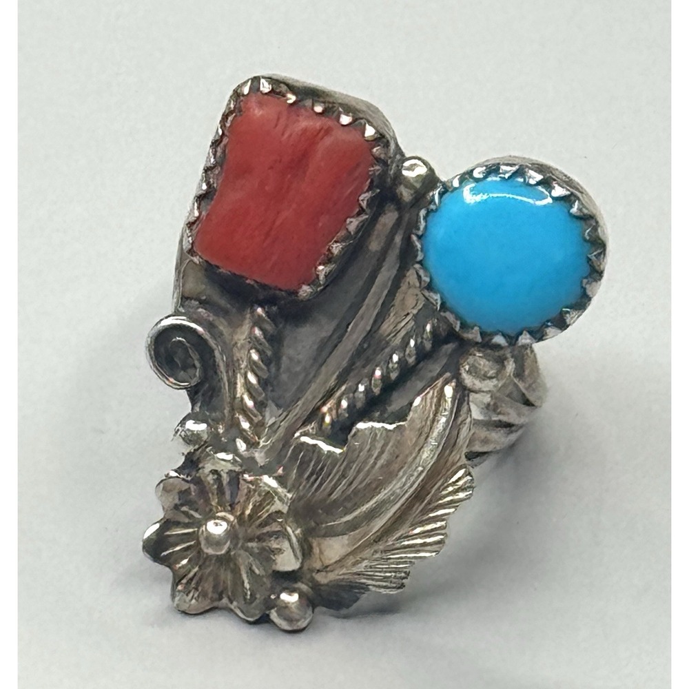 Brugh Tsosie Navajo Sterling Silver Turquoise Coral Ring Size 4 3/4 Signed BT